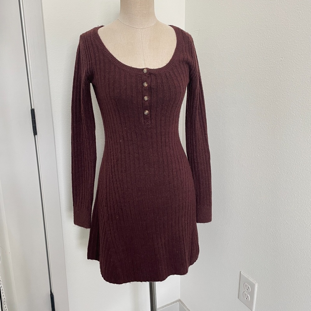 Abercrombie & Fitch Sweater Dress Women XS Burgundy Henley Babydoll Mini Y2K